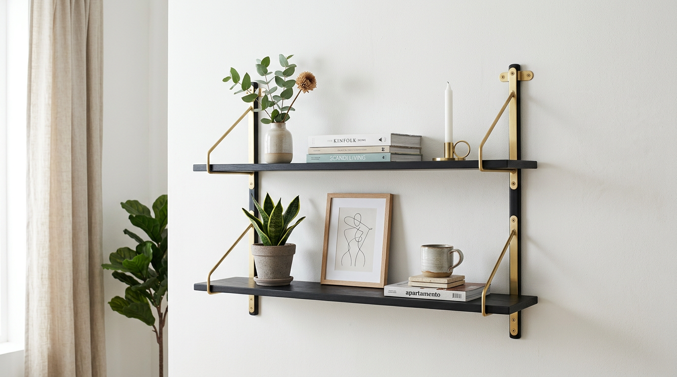 Metal Floating Wall Shelf in Matte Black & Antique Brass – Modern Industrial Display Shelf | Driftwood Living