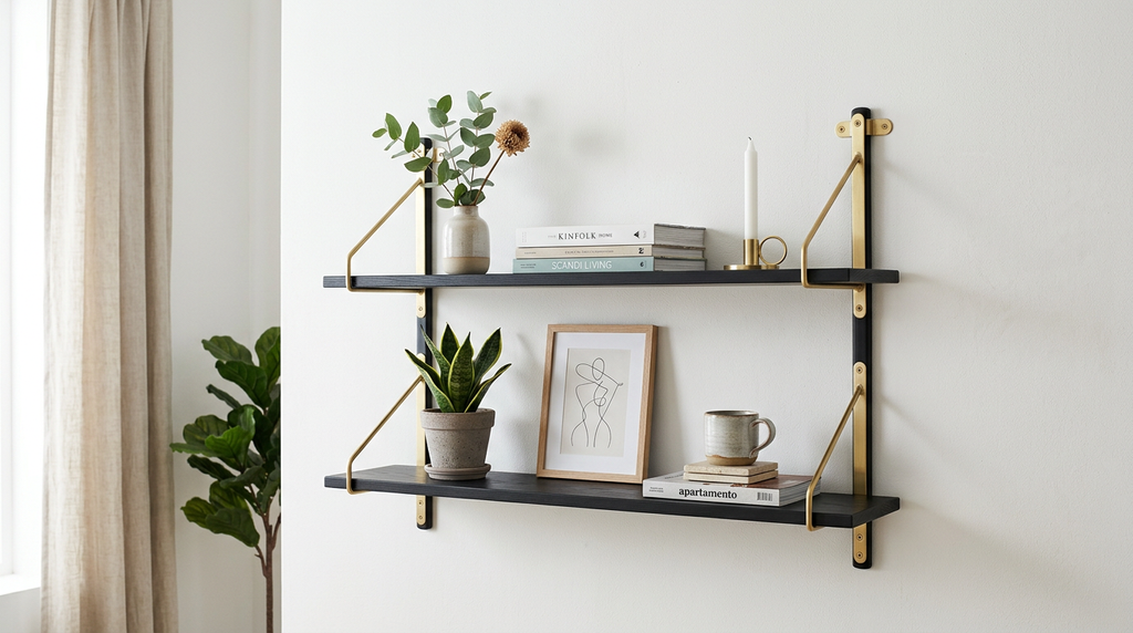 Atlas metal floating wall shelf in matte black finish mounted on white wall