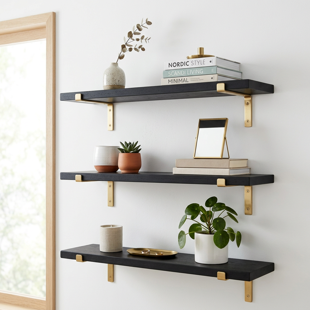 Antique brass wall shelf displaying plants and framed photos