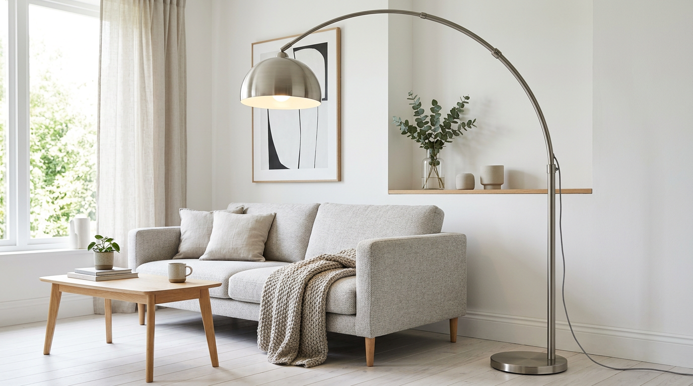 Lumen Arc Floor Lamp in Brushed Steel