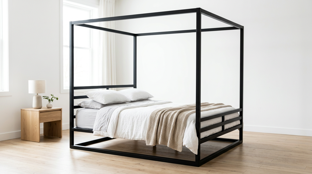 Industrial metal canopy bed frame in a contemporary bedroom setting