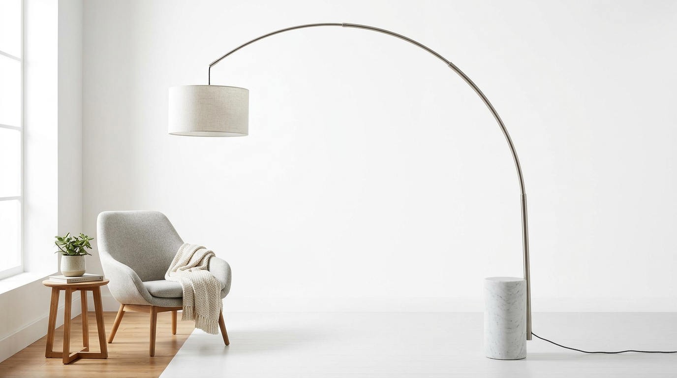 Lumen adjustable arc floor lamp with marble base and brass stem