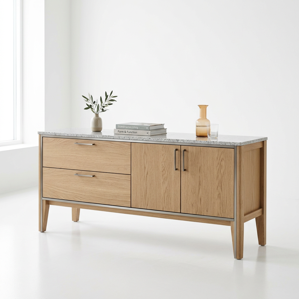 Granite top buffet sideboard with black metal accent legs in dining room