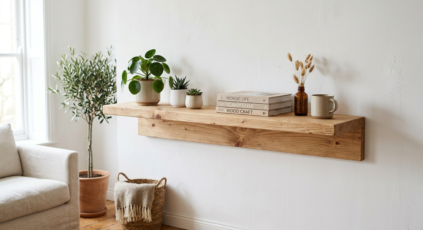 Atlas floating wall shelf with books and plants
