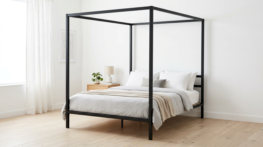 Matte black steel canopy bed frame with modern minimalist design